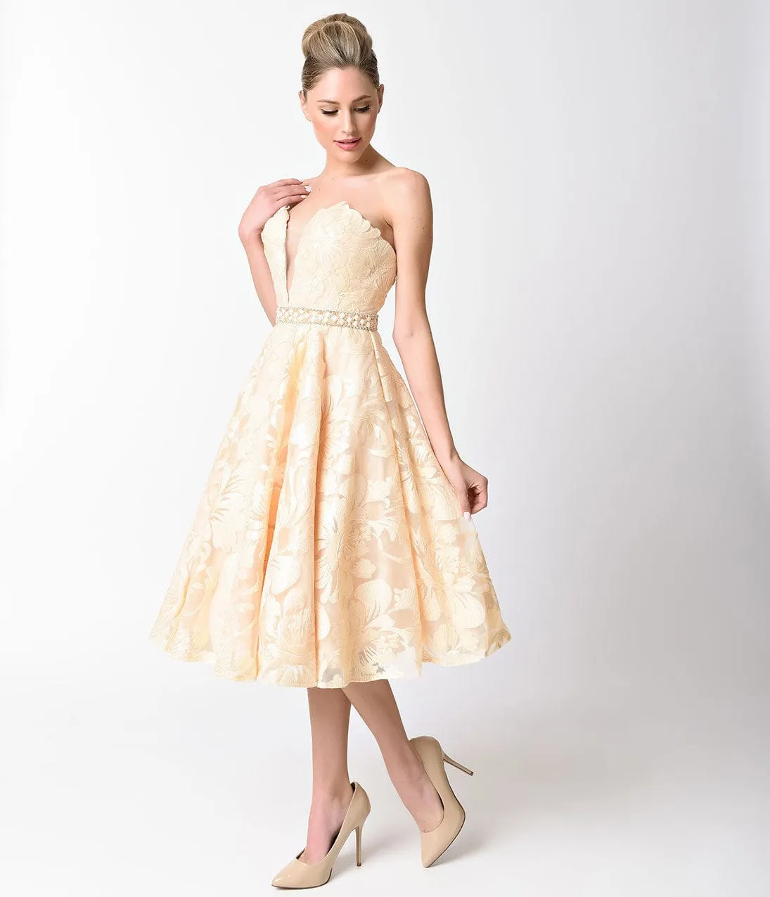 Champagne Strapless Sweetheart Sequined Short Dress sold by Unique Vintage product image thumbnail 3