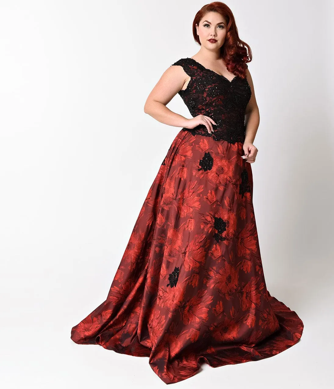 Plus Size Burgundy & Black Embellished Cap Sleeve Dress sold by Unique Vintage product image thumbnail 3