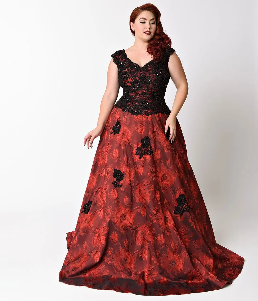 Plus Size Burgundy & Black Embellished Cap Sleeve Dress sold by Unique Vintage