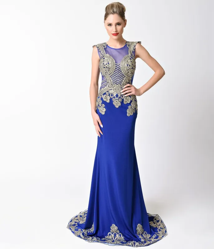 Royal Blue Gold Embellished Cap Sleeve Long Dress made by Unique Vintage