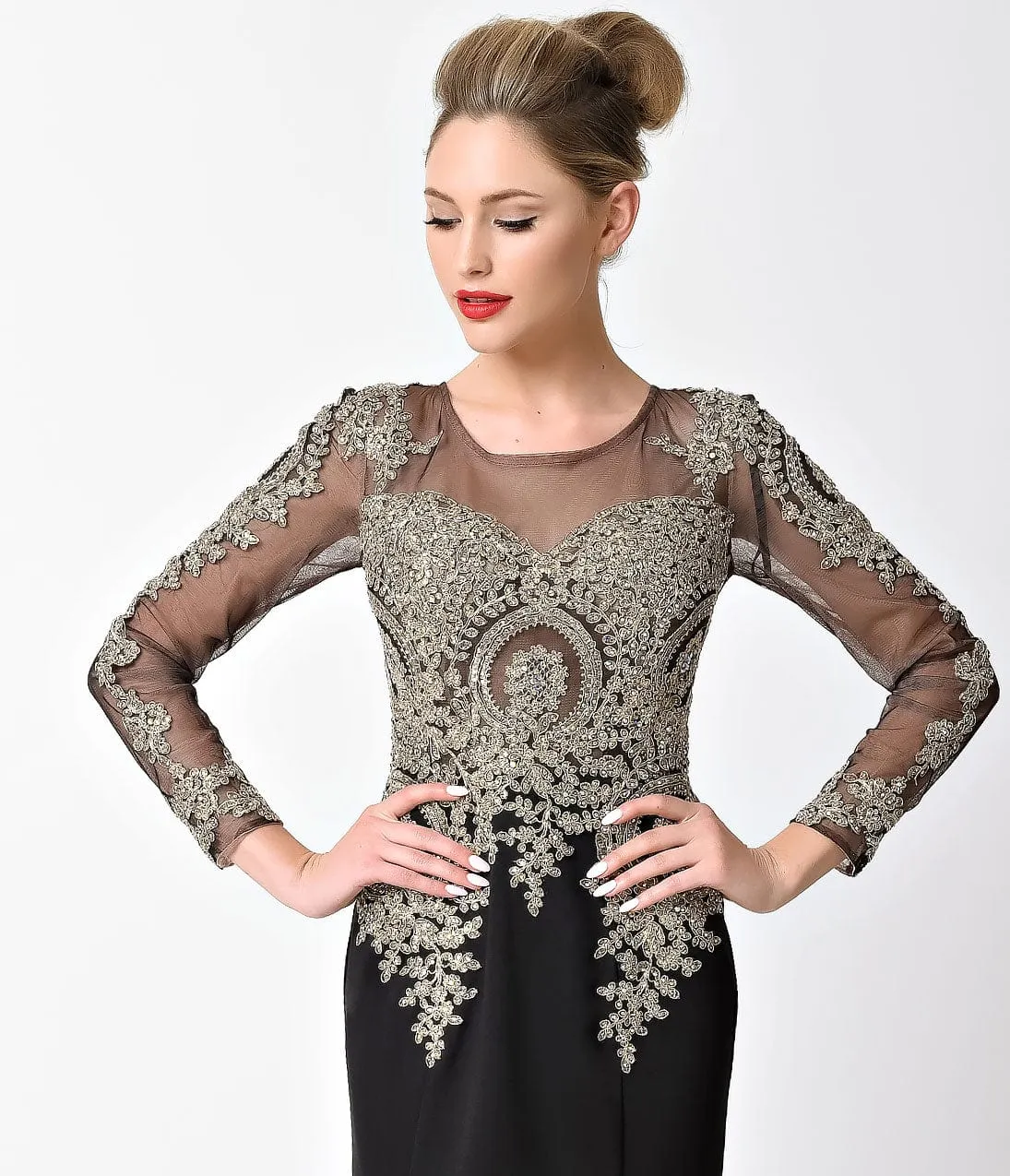 Black Sheer Long Sleeve Embellished Long Dress sold by Unique Vintage product image thumbnail 2