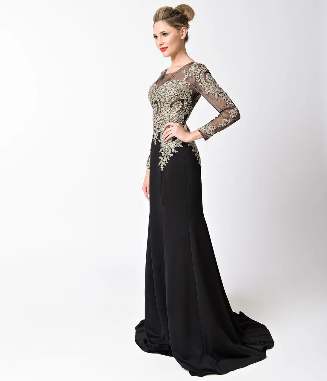 Black Sheer Long Sleeve Embellished Long Dress sold by Unique Vintage product image thumbnail 3
