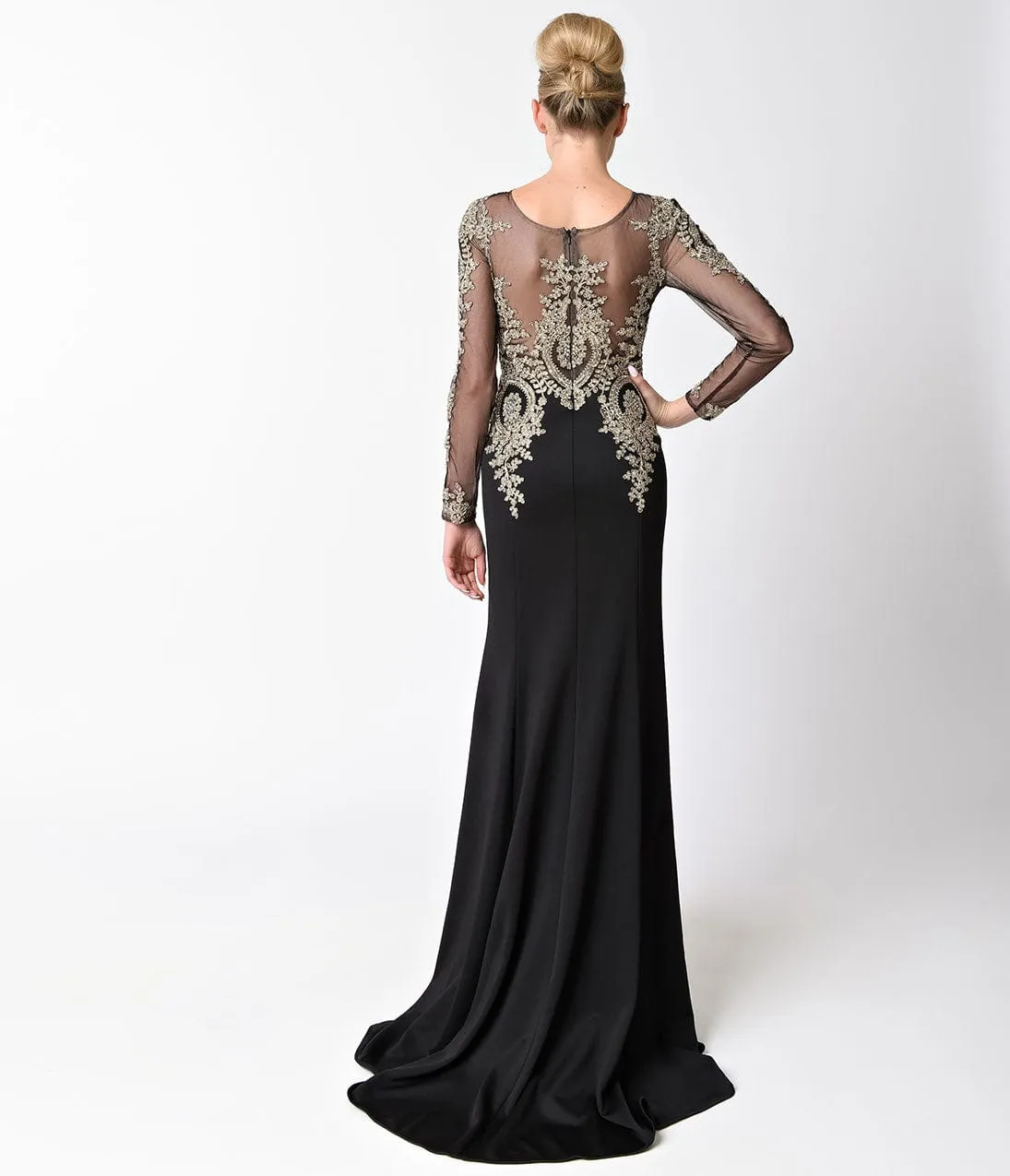 Black Sheer Long Sleeve Embellished Long Dress sold by Unique Vintage product image thumbnail 4