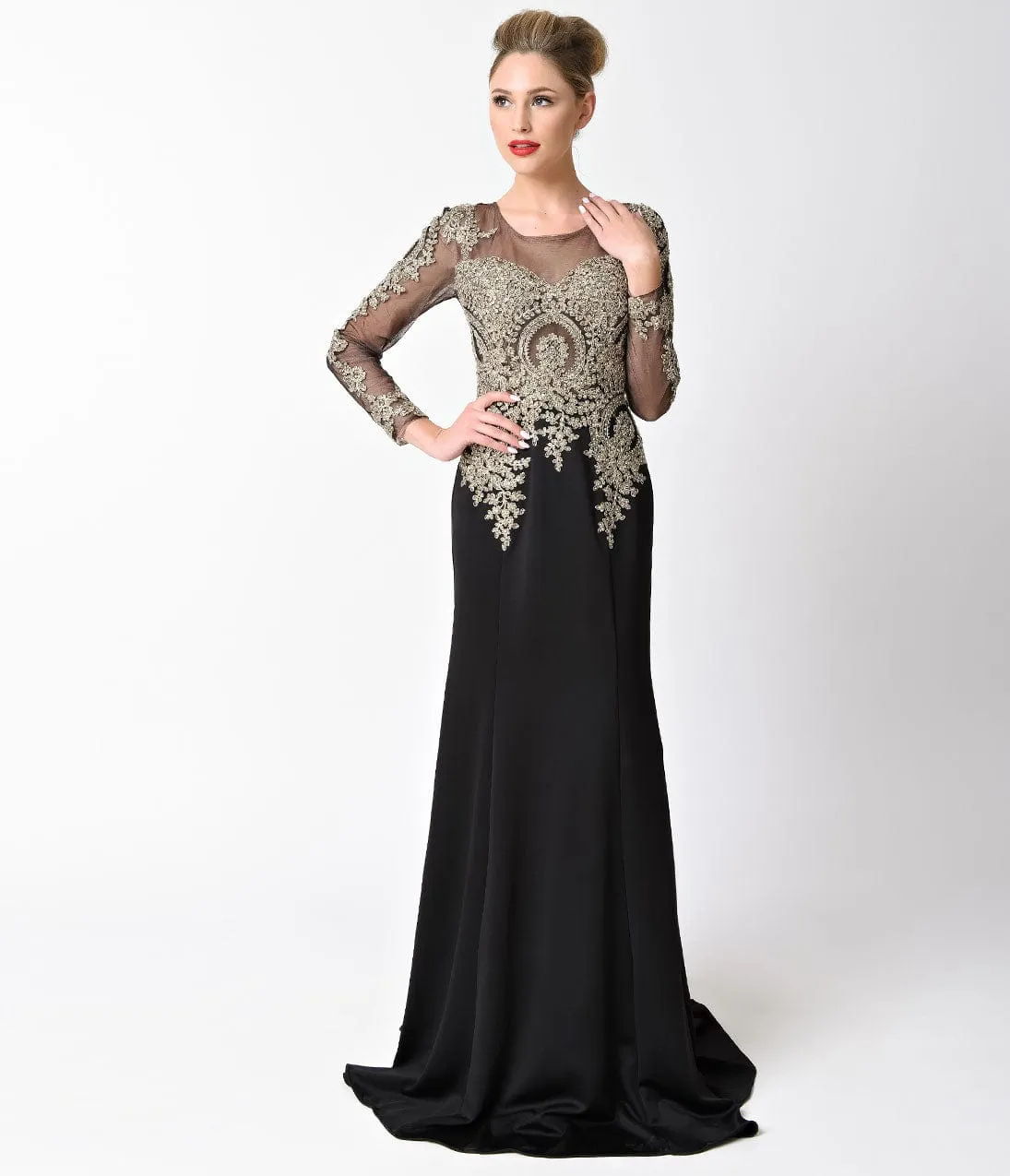 Black Sheer Long Sleeve Embellished Long Dress sold by Unique Vintage