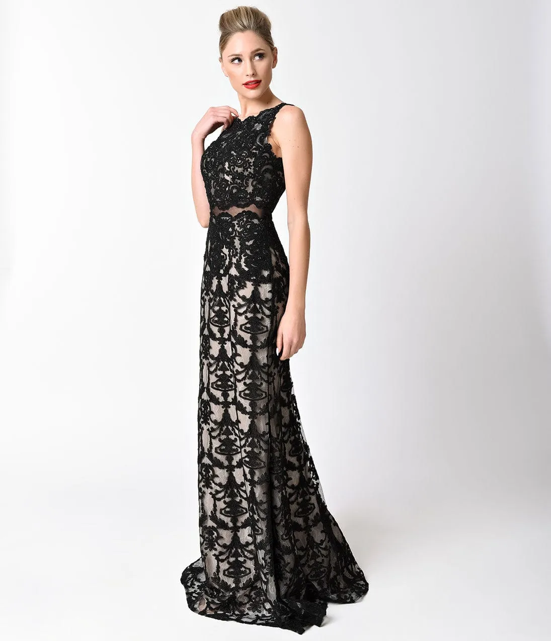 Black Lace Sheer Illusion Two Piece Long Dress sold by Unique Vintage product image thumbnail 3