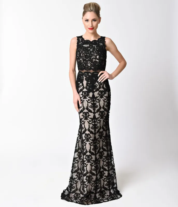 Black Lace Sheer Illusion Two Piece Long Dress made by Unique Vintage