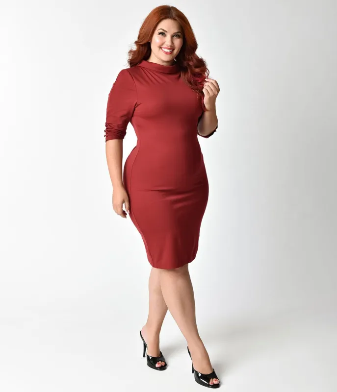 Unique Vintage Plus Size 1960s Rust Red Knit Half Sleeve Cassidy Wiggle Dress made by Unique Vintage