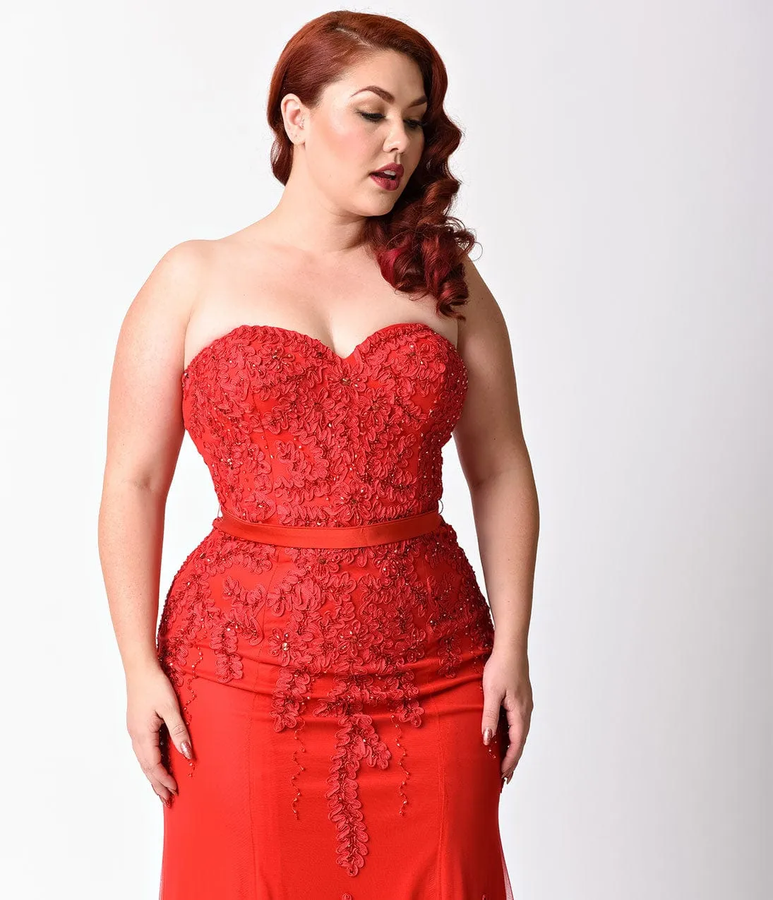 Ladivine by Cinderella Divine Plus Size Red Strapless Embellished Long Dress sold by Unique Vintage product image thumbnail 2