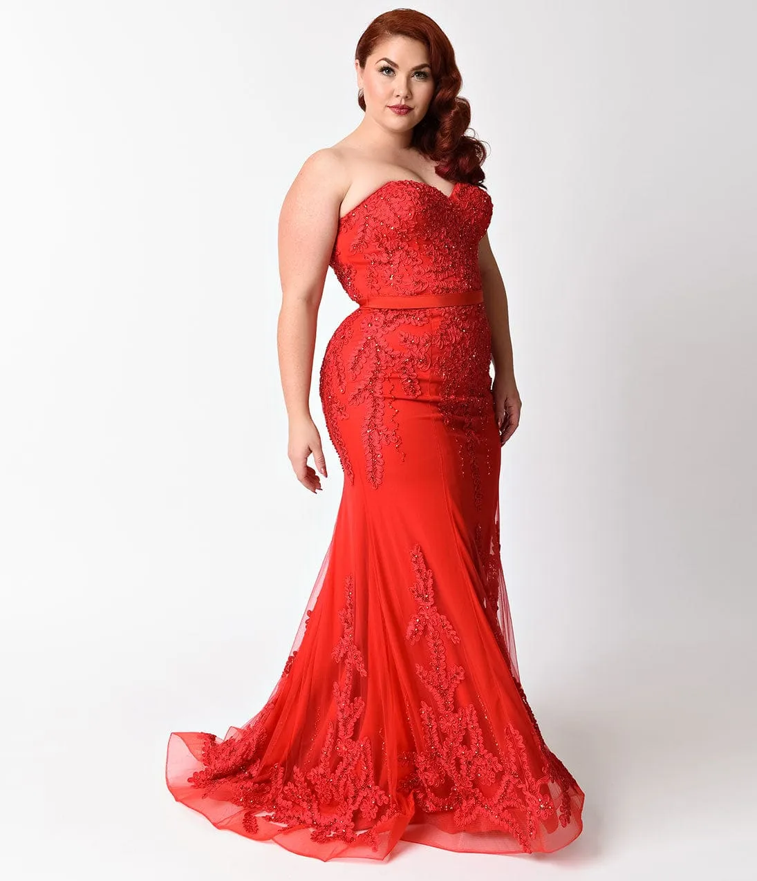 Ladivine by Cinderella Divine Plus Size Red Strapless Embellished Long Dress sold by Unique Vintage product image thumbnail 3