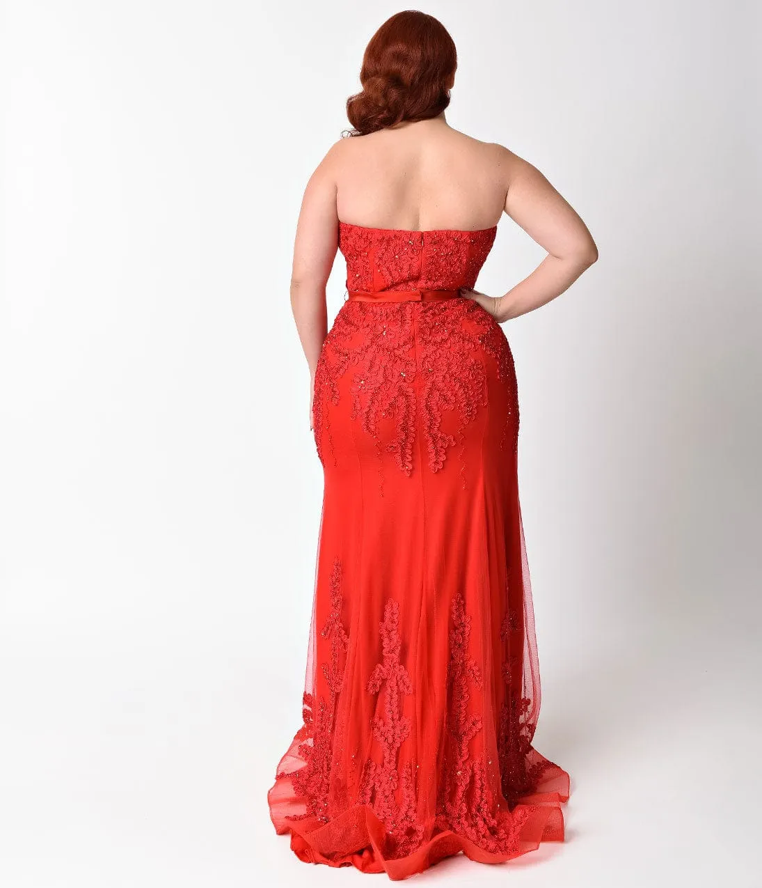 Ladivine by Cinderella Divine Plus Size Red Strapless Embellished Long Dress sold by Unique Vintage product image thumbnail 4