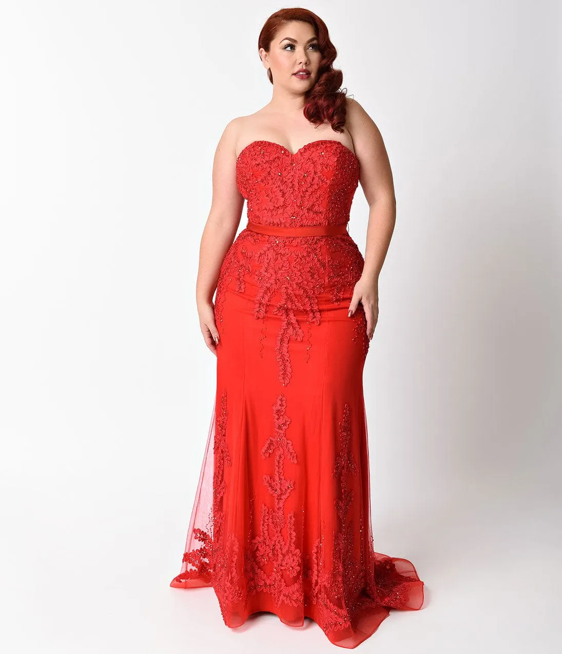 Ladivine by Cinderella Divine Plus Size Red Strapless Embellished Long Dress sold by Unique Vintage