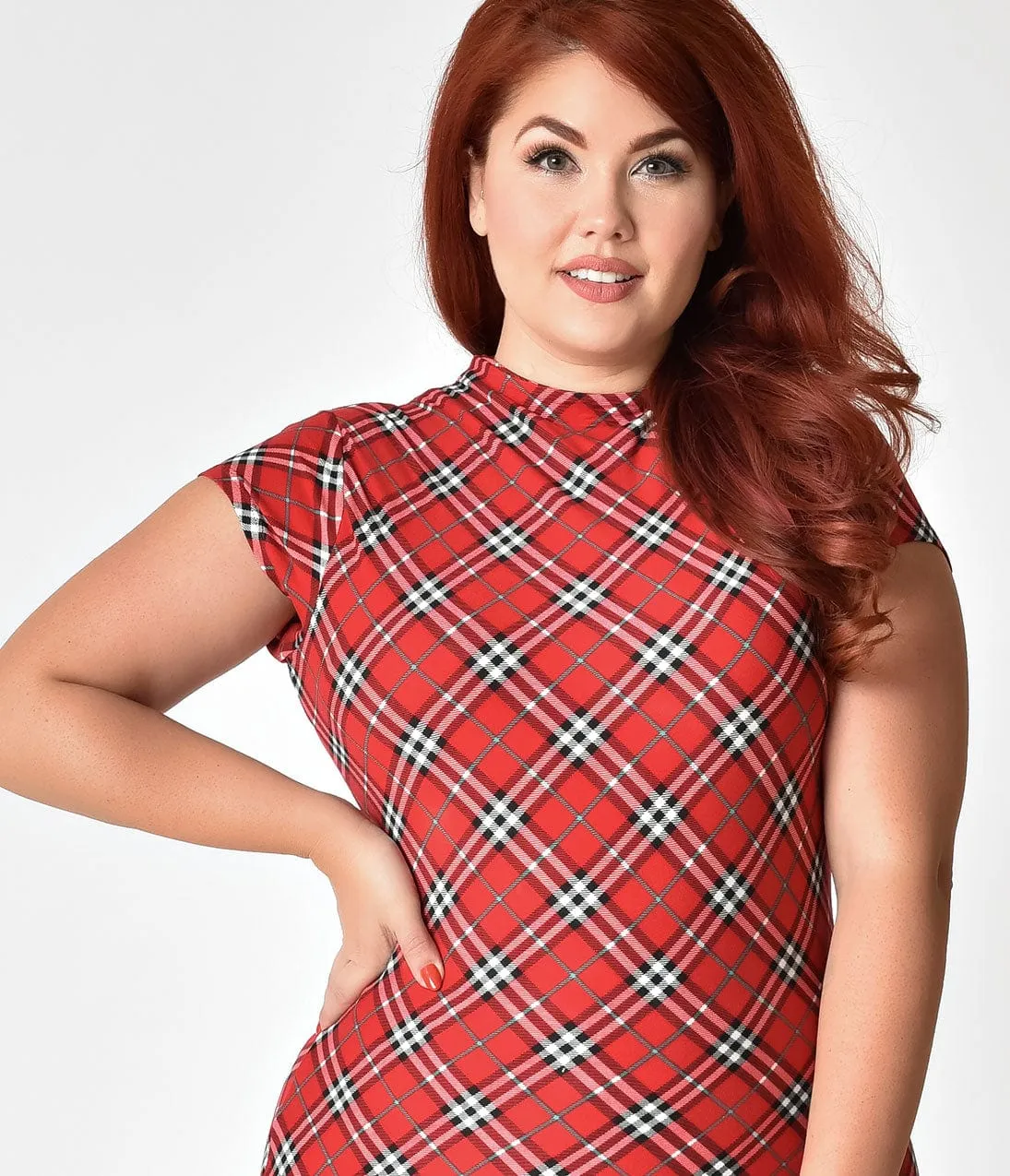 Unique Vintage Plus Size 1960s Red Plaid Stretch Knit Cap Sleeve Holly Wiggle Dress sold by Unique Vintage product image thumbnail 4