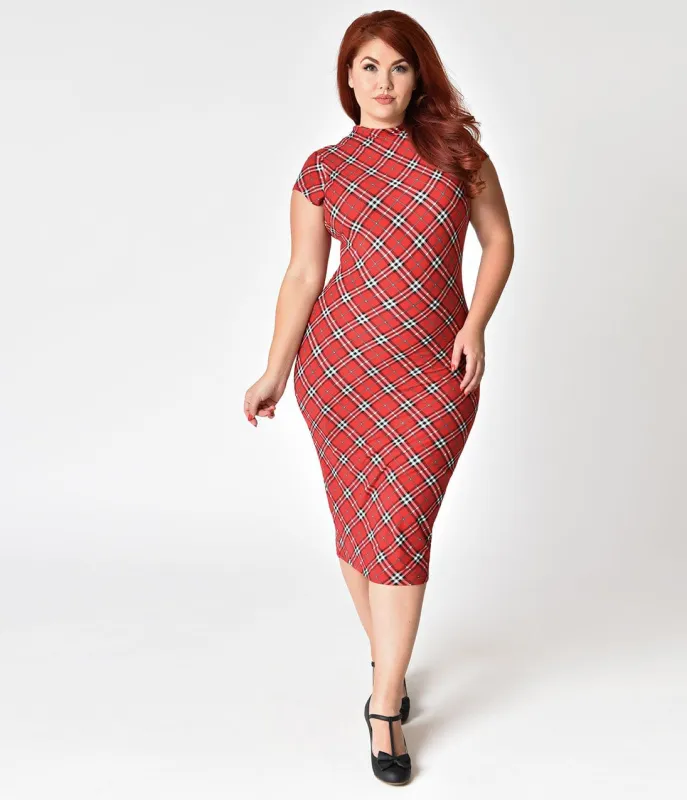 Unique Vintage Plus Size 1960s Red Plaid Stretch Knit Cap Sleeve Holly Wiggle Dress made by Unique Vintage