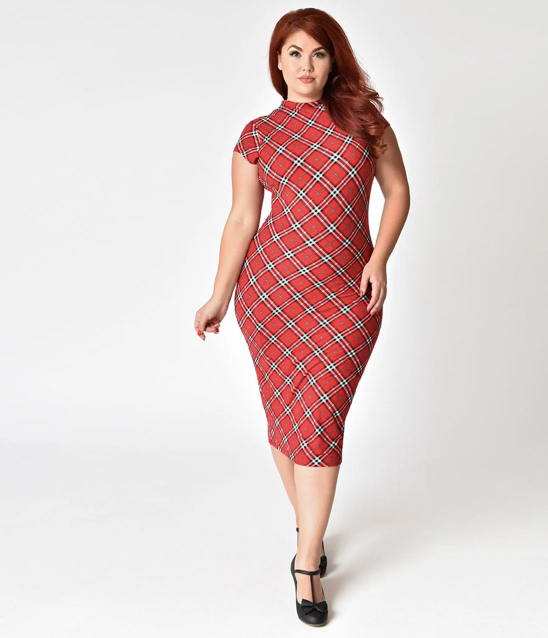 Unique Vintage Plus Size 1960s Red Plaid Stretch Knit Cap Sleeve Holly Wiggle Dress sold by Unique Vintage