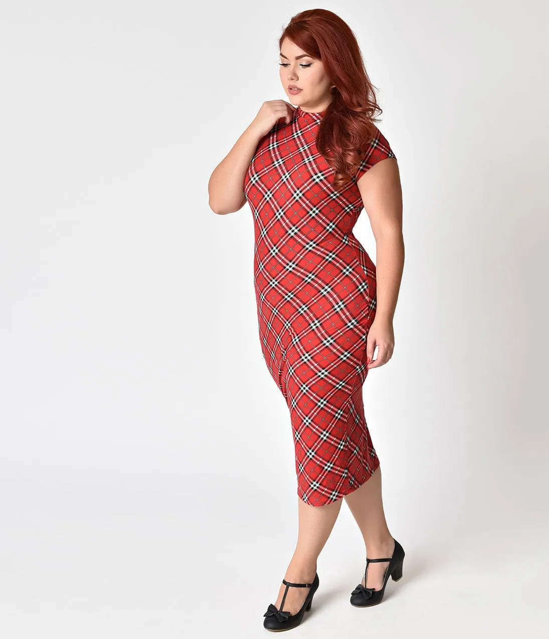 Unique Vintage Plus Size 1960s Red Plaid Stretch Knit Cap Sleeve Holly Wiggle Dress sold by Unique Vintage product image thumbnail 2