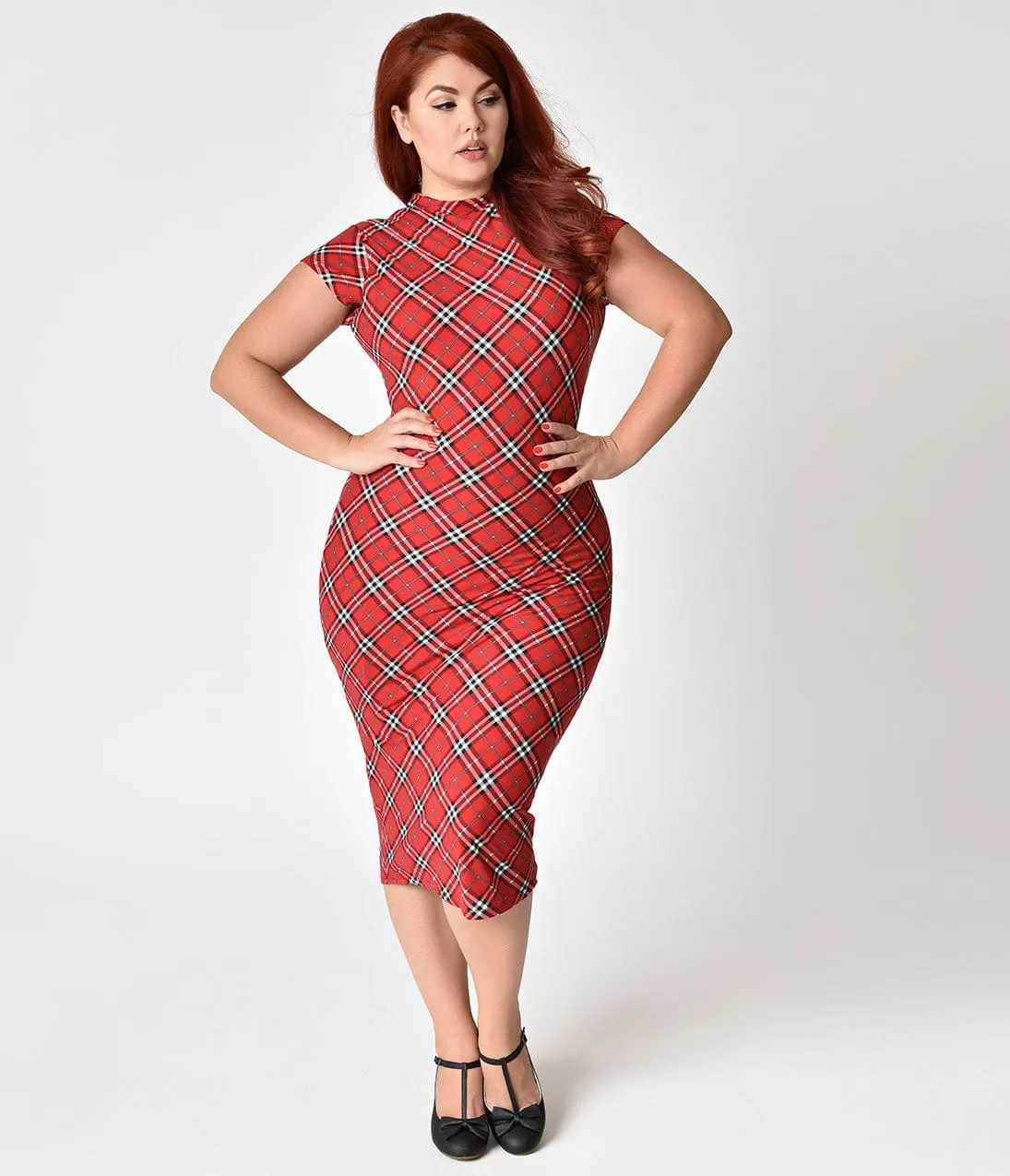 Unique Vintage Plus Size 1960s Red Plaid Stretch Knit Cap Sleeve Holly Wiggle Dress sold by Unique Vintage product image thumbnail 3