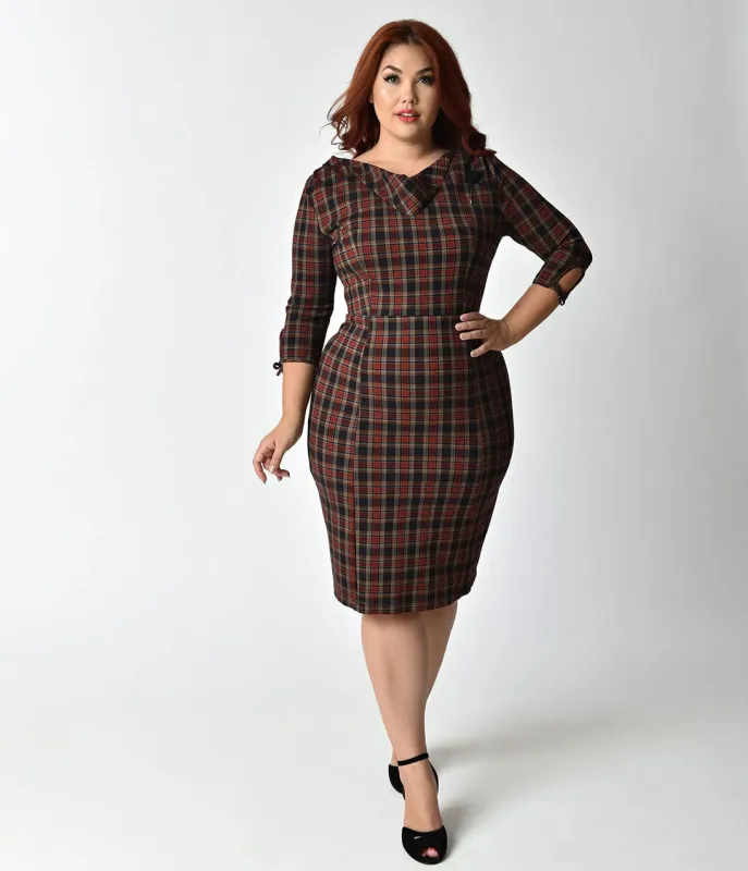Unique Vintage Plus Size 1940s Style Dark Plaid Half Sleeve Wiggle Dress made by Unique Vintage