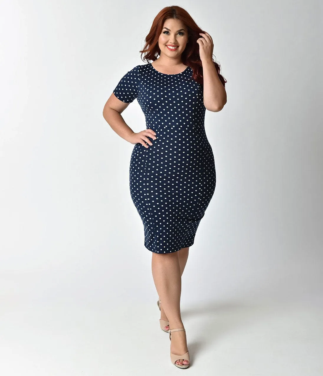 Unique Vintage Plus Size 1960s Style Navy & Ivory Dotted Short Sleeve Stretch Mod Wiggle Dress sold by Unique Vintage product image thumbnail 4