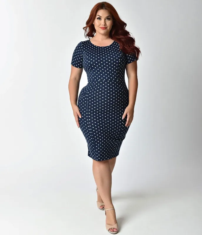 Unique Vintage Plus Size 1960s Style Navy & Ivory Dotted Short Sleeve Stretch Mod Wiggle Dress made by Unique Vintage