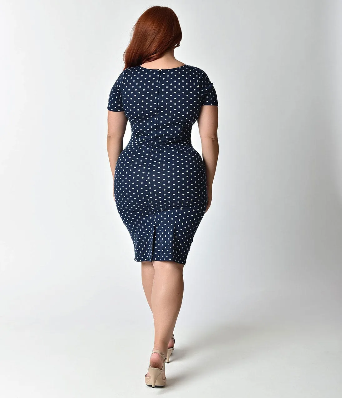 Unique Vintage Plus Size 1960s Style Navy & Ivory Dotted Short Sleeve Stretch Mod Wiggle Dress sold by Unique Vintage product image thumbnail 5