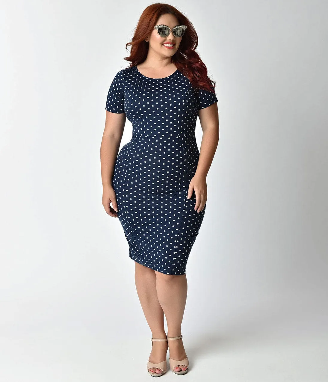 Unique Vintage Plus Size 1960s Style Navy & Ivory Dotted Short Sleeve Stretch Mod Wiggle Dress sold by Unique Vintage product image thumbnail 2