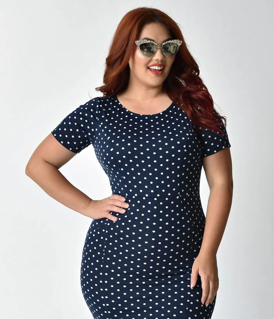 Unique Vintage Plus Size 1960s Style Navy & Ivory Dotted Short Sleeve Stretch Mod Wiggle Dress sold by Unique Vintage product image thumbnail 3