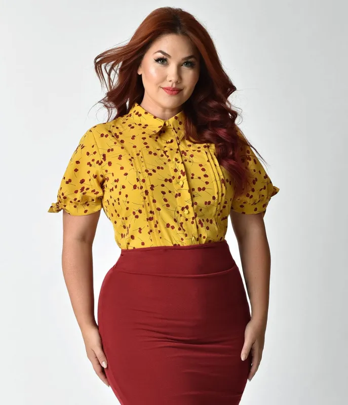 Unique Vintage Plus Size Mustard Yellow & Red Floral Colvin Blouse made by Unique Vintage