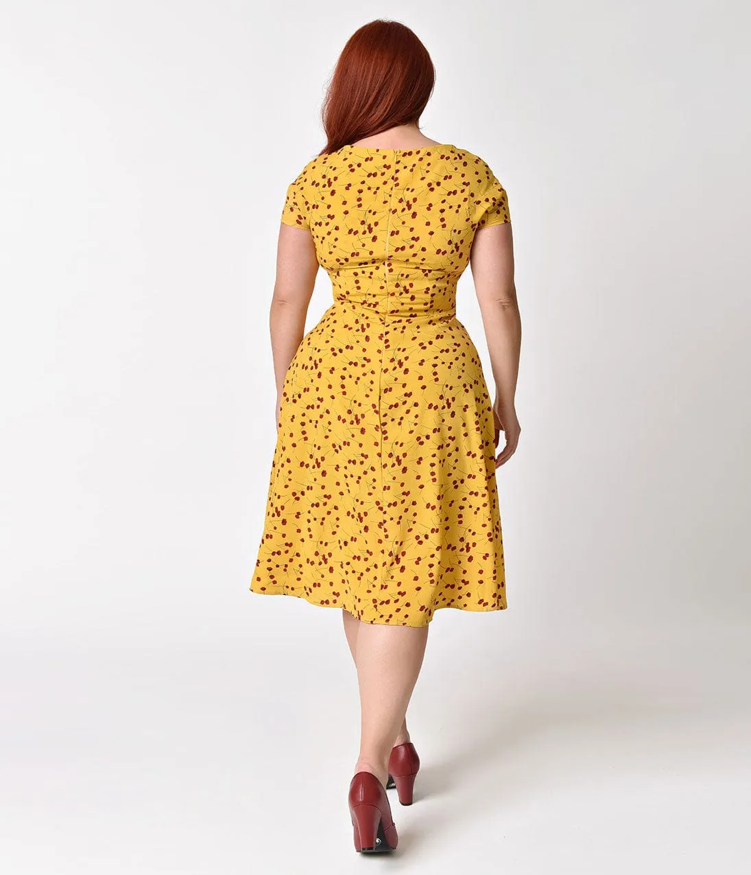 Unique Vintage Plus Size Mustard Yellow & Red Floral Print Amelia Swing Dress sold by Unique Vintage product image thumbnail 5