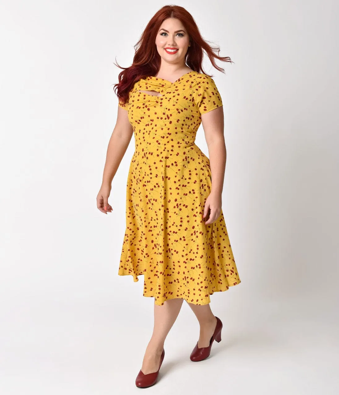 Unique Vintage Plus Size Mustard Yellow & Red Floral Print Amelia Swing Dress sold by Unique Vintage product image thumbnail 3
