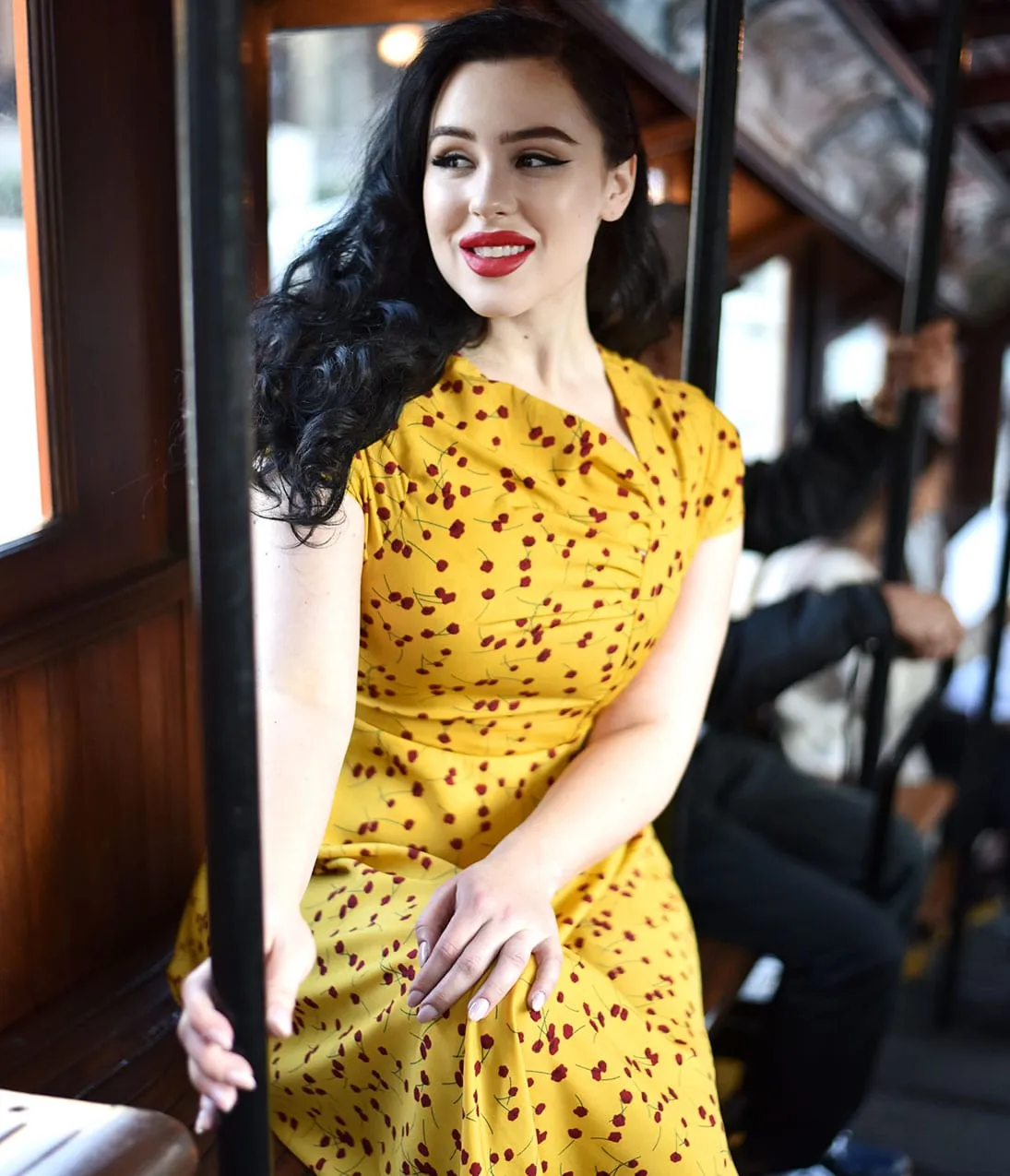 Unique Vintage Plus Size Mustard Yellow & Red Floral Print Amelia Swing Dress sold by Unique Vintage product image thumbnail 4