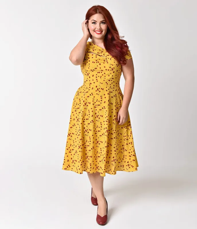 Unique Vintage Plus Size Mustard Yellow & Red Floral Print Amelia Swing Dress made by Unique Vintage