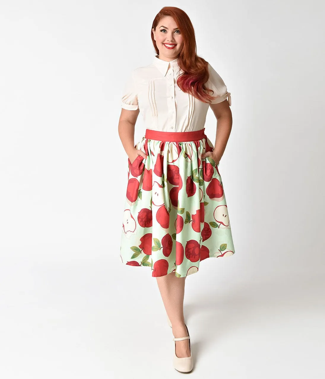 Unique Vintage Plus Size 1950s Mint & Red Apple Bunch Print Swing Skirt sold by Unique Vintage product image thumbnail 4
