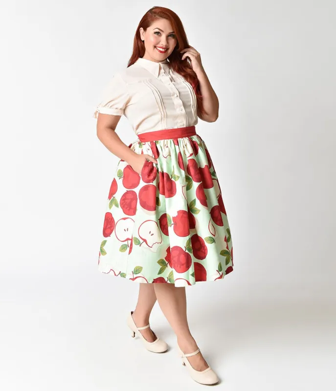 Unique Vintage Plus Size 1950s Mint & Red Apple Bunch Print Swing Skirt made by Unique Vintage