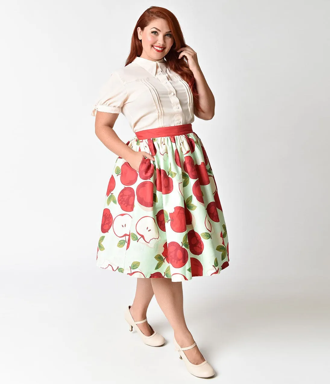 Unique Vintage Plus Size 1950s Mint & Red Apple Bunch Print Swing Skirt sold by Unique Vintage