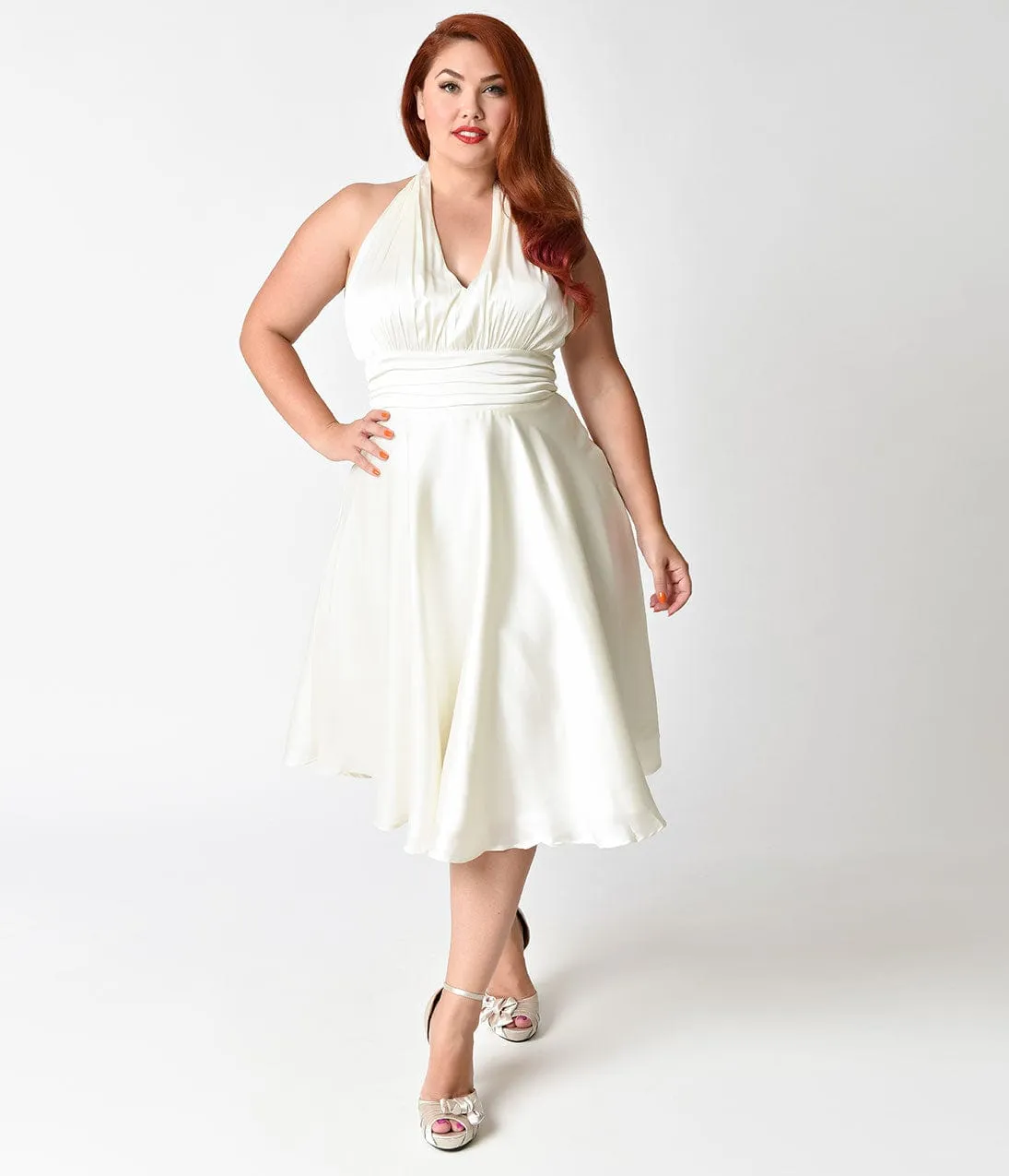 Unique Vintage Plus Size 1950s Style Ivory Satin Halter Hyannis Swing Dress sold by Unique Vintage product image thumbnail 4