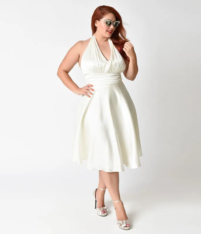 Unique Vintage Plus Size 1950s Style Ivory Satin Halter Hyannis Swing Dress made by Unique Vintage