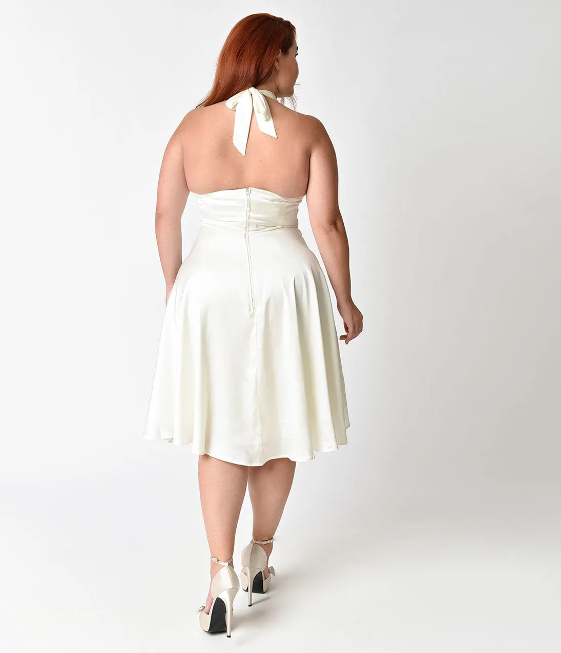 Unique Vintage Plus Size 1950s Style Ivory Satin Halter Hyannis Swing Dress sold by Unique Vintage product image thumbnail 5