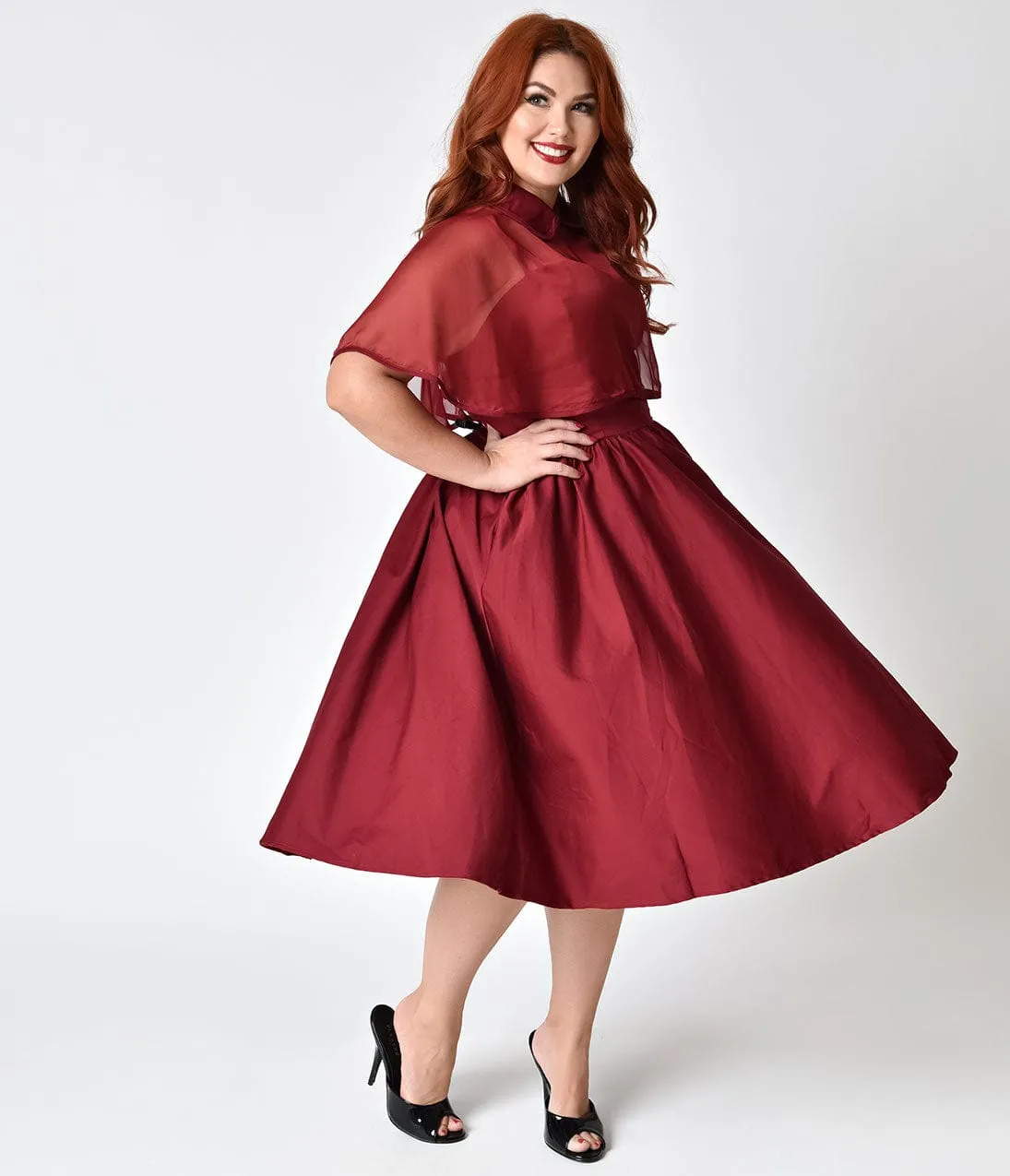 Unique Vintage Plus Size 1940s Style Burgundy Red Brushed Cotton Luna Swing Dress & Mesh Capelet sold by Unique Vintage product image thumbnail 5