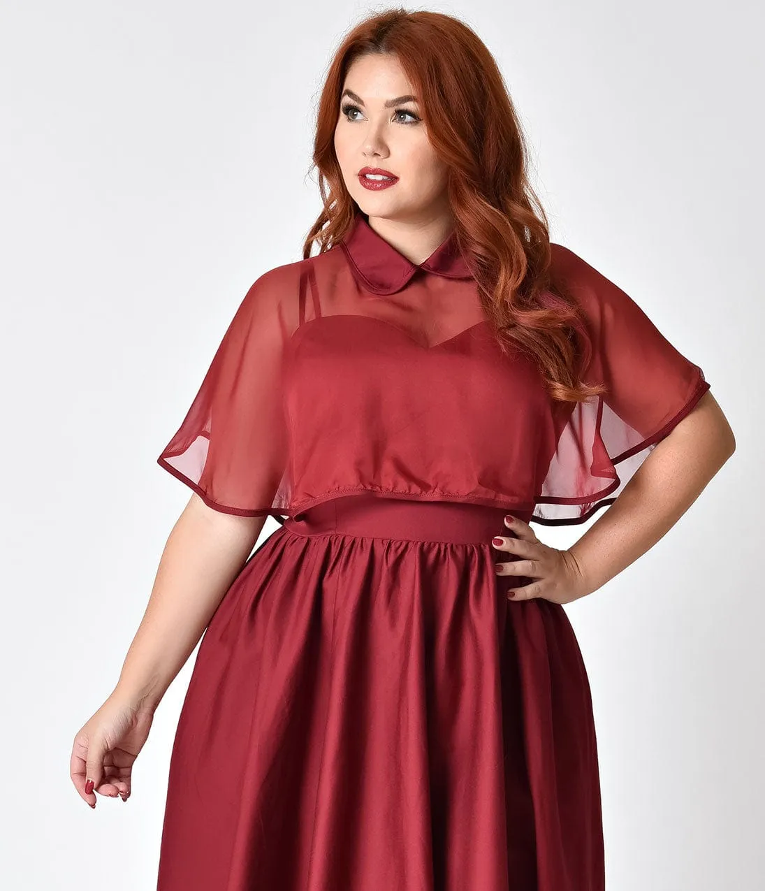 Unique Vintage Plus Size 1940s Style Burgundy Red Brushed Cotton Luna Swing Dress & Mesh Capelet sold by Unique Vintage product image thumbnail 3