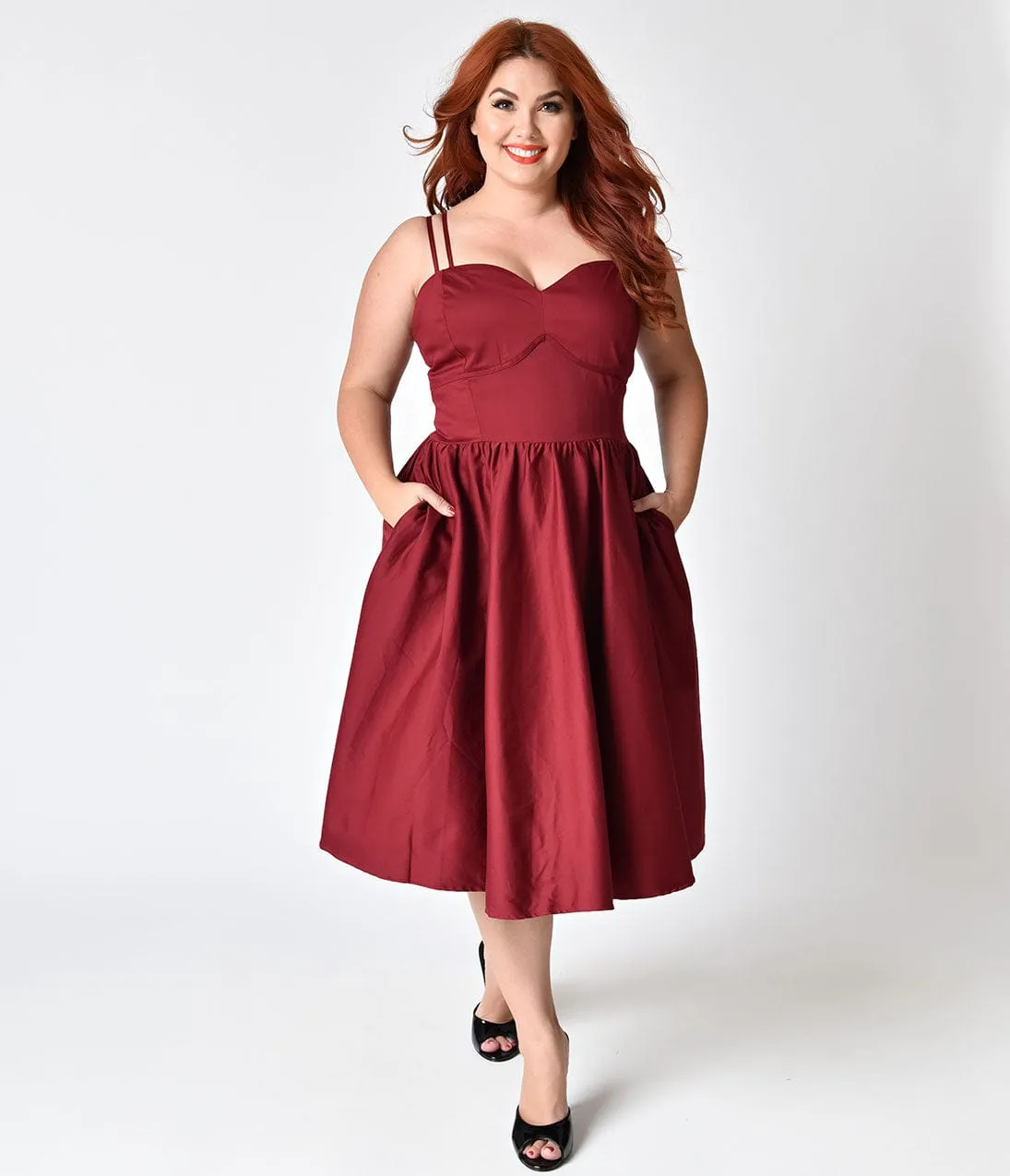 Unique Vintage Plus Size 1940s Style Burgundy Red Brushed Cotton Luna Swing Dress & Mesh Capelet sold by Unique Vintage product image thumbnail 4