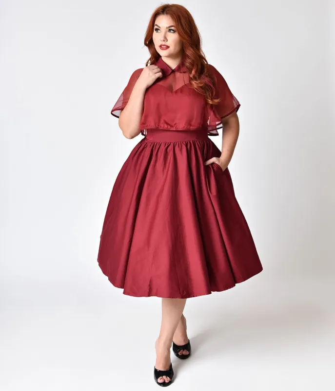 Unique Vintage Plus Size 1940s Style Burgundy Red Brushed Cotton Luna Swing Dress & Mesh Capelet made by Unique Vintage