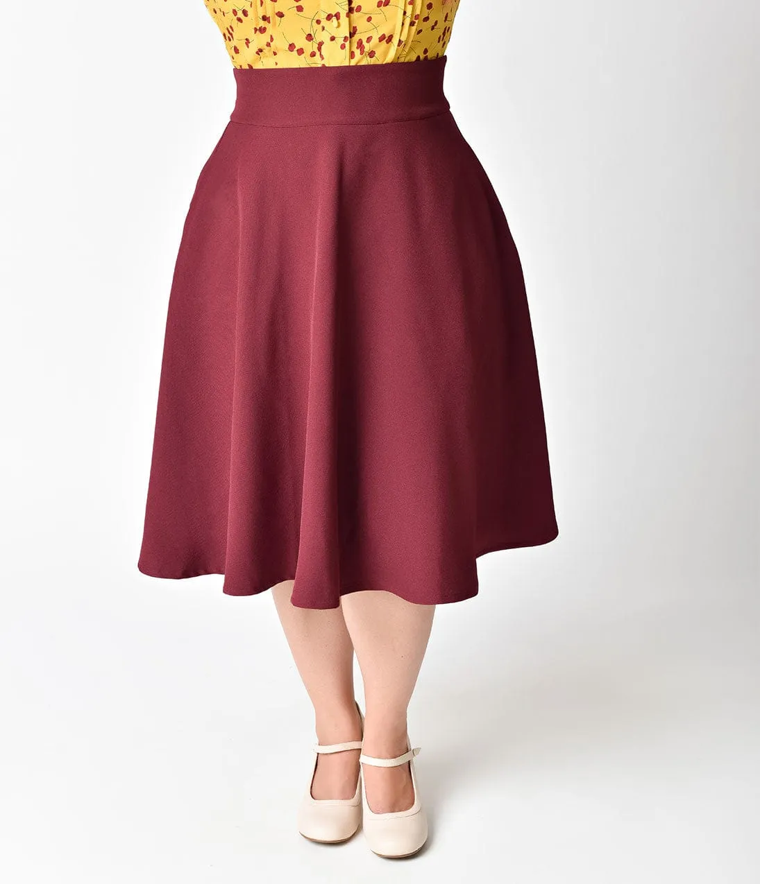 Unique Vintage Plus Size Retro Style Burgundy Red High Waist Vivien Swing Skirt sold by Unique Vintage product image thumbnail 5
