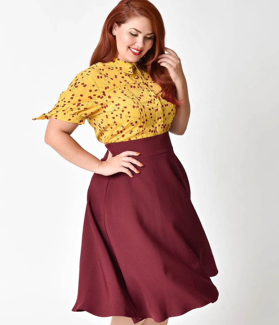 Unique Vintage Plus Size Retro Style Burgundy Red High Waist Vivien Swing Skirt sold by Unique Vintage product image thumbnail 3