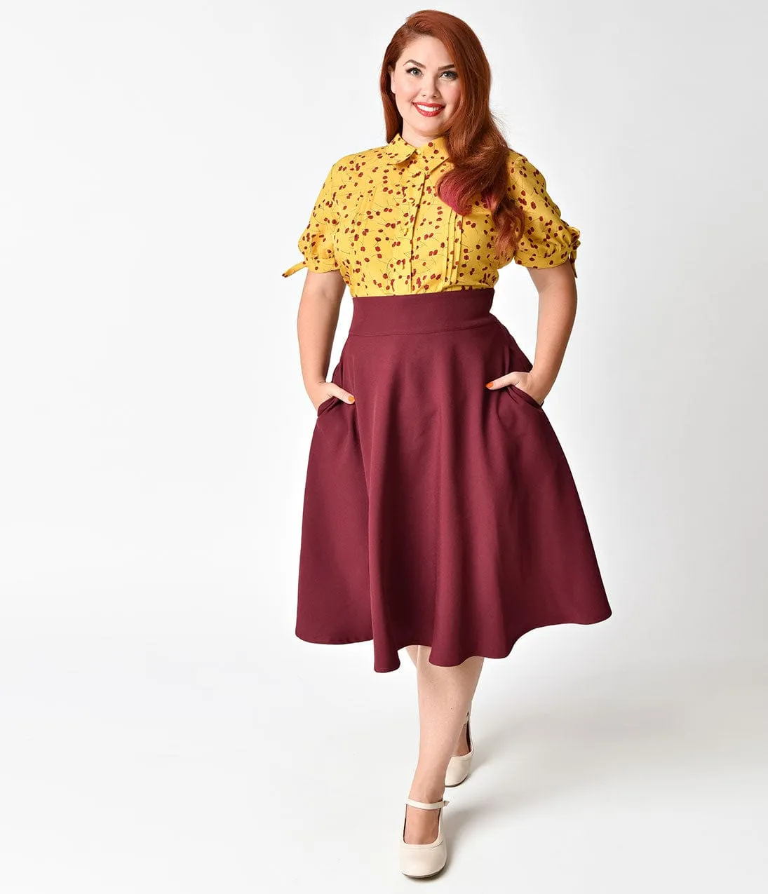 Unique Vintage Plus Size Retro Style Burgundy Red High Waist Vivien Swing Skirt sold by Unique Vintage product image thumbnail 4