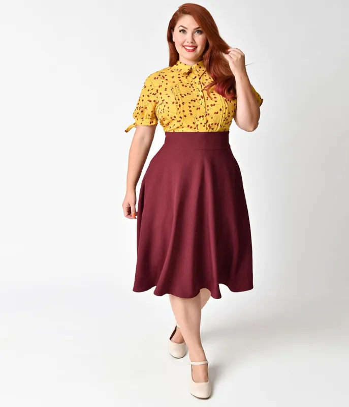Unique Vintage Plus Size Retro Style Burgundy Red High Waist Vivien Swing Skirt sold by Unique Vintage