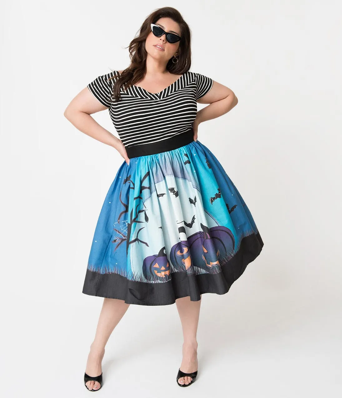 Unique Vintage Plus Size 1950s Blue Moon & Pumpkins Print High Waist Circle Swing Skirt sold by Unique Vintage
