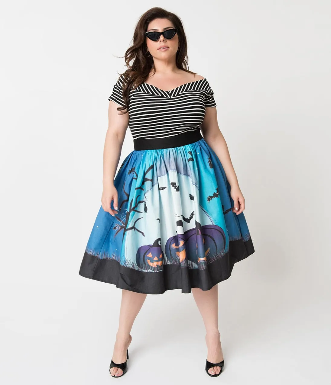 Unique Vintage Plus Size 1950s Blue Moon & Pumpkins Print High Waist Circle Swing Skirt sold by Unique Vintage product image thumbnail 5