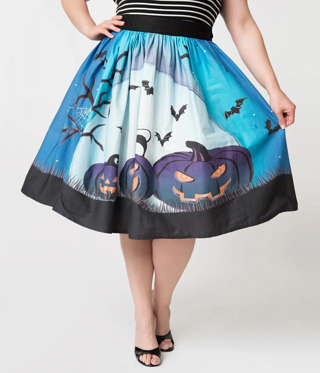 Unique Vintage Plus Size 1950s Blue Moon & Pumpkins Print High Waist Circle Swing Skirt sold by Unique Vintage product image thumbnail 2