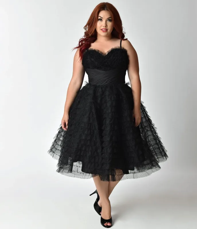 Unique Vintage Plus Size 1950s Black Ruffled Tulle Sweetheart Cupcake Swing Dress sold by Unique Vintage