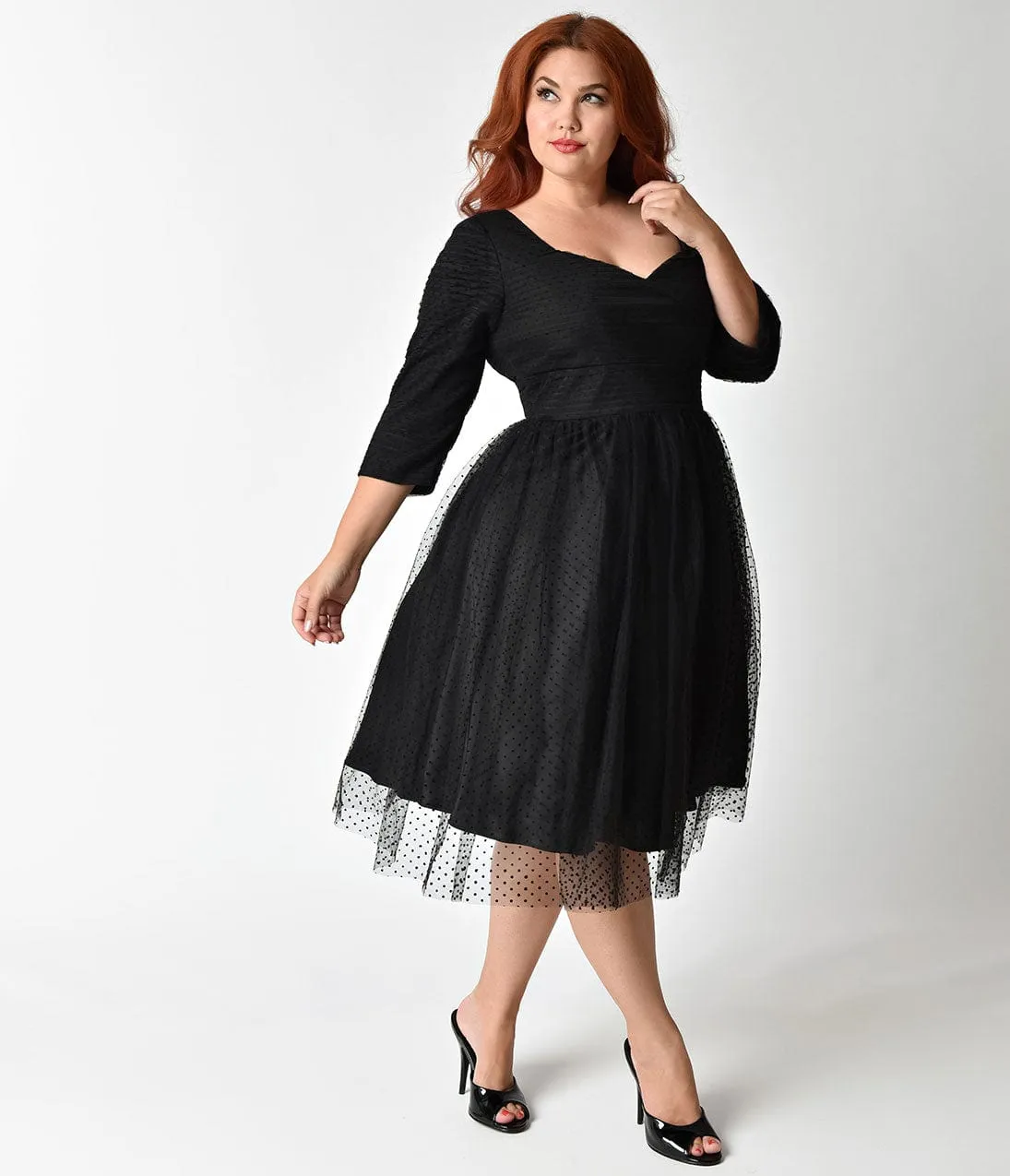 Unique Vintage Plus Size 1950s Style Black Swiss Dot Half Sleeve Elson Mesh Dress sold by Unique Vintage